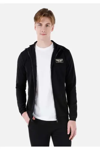 Black men's jacket with a hood and pockets. - 1