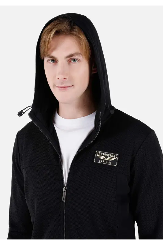 Black men's jacket with a hood and pockets. - 4