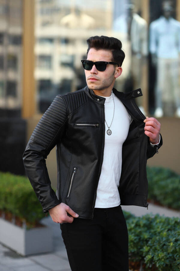 Black Men's Leather Jacket - 6