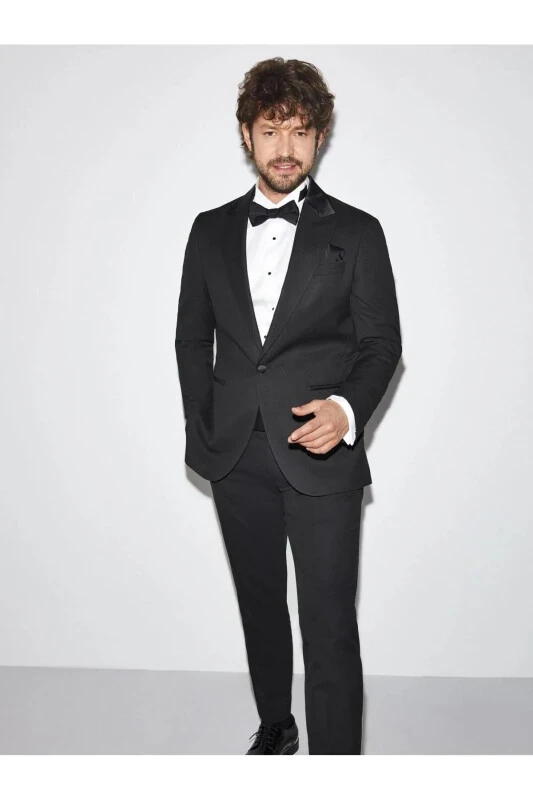 Black Men's Modern Fit Armoured Mono Lapel Tuxedo Suit - 61300 - DUFY