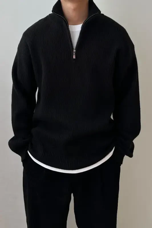 Black Men's Oversized Zip-Up Fisherman Knit Sweater-Black - 1