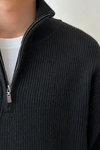 Black Men's Oversized Zip-Up Fisherman Knit Sweater-Black - COOL TARZ (1)