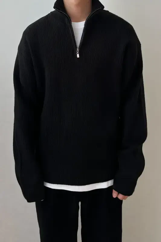 Black Men's Oversized Zip-Up Fisherman Knit Sweater-Black - 3