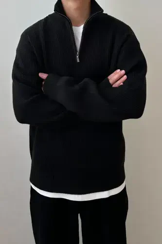 Black Men's Oversized Zip-Up Fisherman Knit Sweater-Black - 4