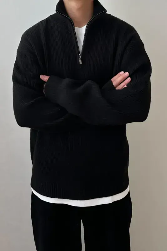 Black Men's Oversized Zip-Up Fisherman Knit Sweater-Black - 4