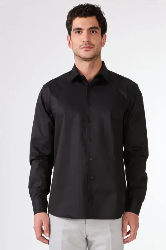 Black Men's Regular Fit Classic Collar Long Sleeve Shirt - 103139 - 1
