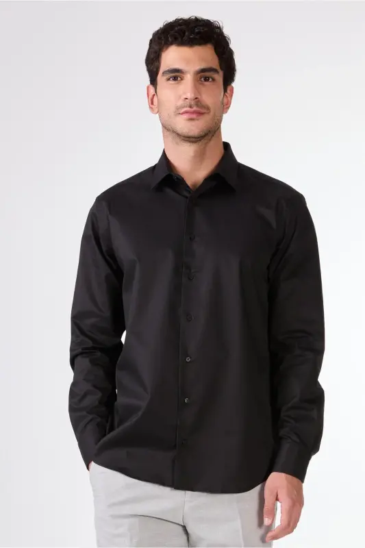 Black Men's Regular Fit Classic Collar Long Sleeve Shirt - 103139 - 2