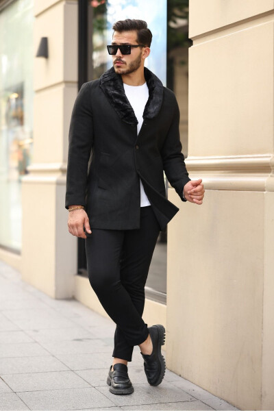Black men's slim fit fur-lined cashmere coat - TWENHIL