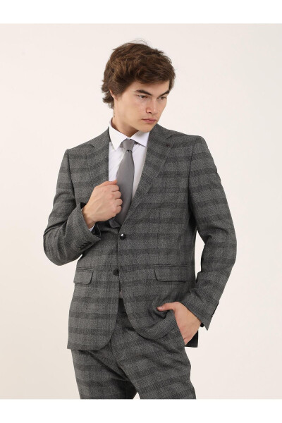 Black Men's Slim Fit Plaid Casual Single-Breasted Suit - 93156 - 6