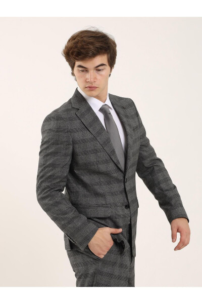 Black Men's Slim Fit Plaid Casual Single-Breasted Suit - 93156 - 7