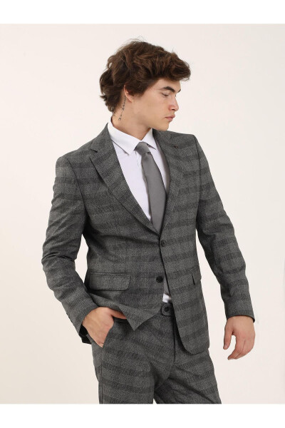 Black Men's Slim Fit Plaid Casual Single-Breasted Suit - 93156 - 8