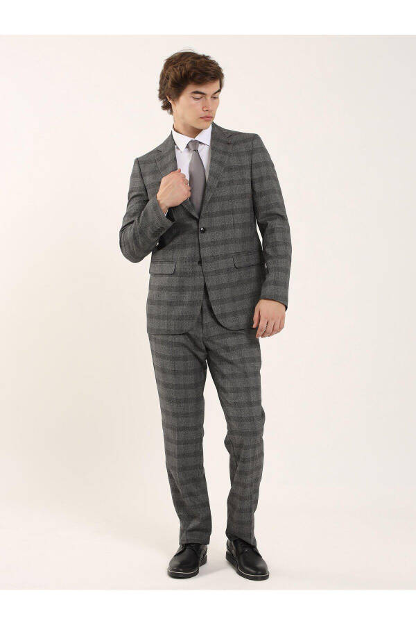 Black Men's Slim Fit Plaid Casual Single-Breasted Suit - 93156 - 4