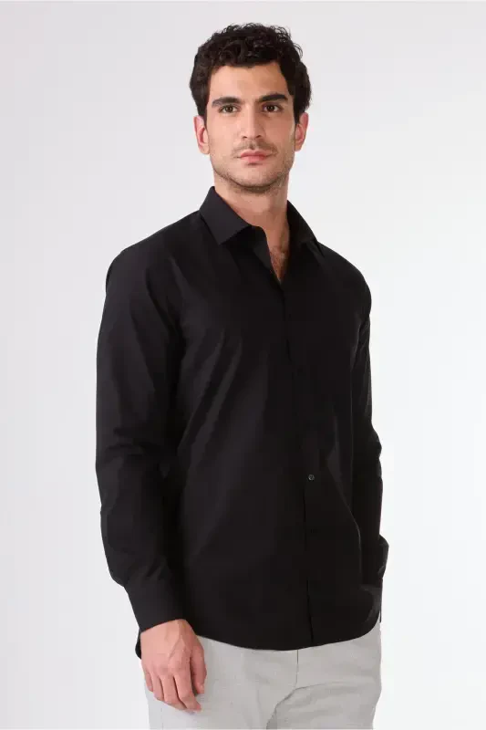 Black Men's Slim Fit Plain Classic Collar Long Sleeve Shirt - 103134 - 2