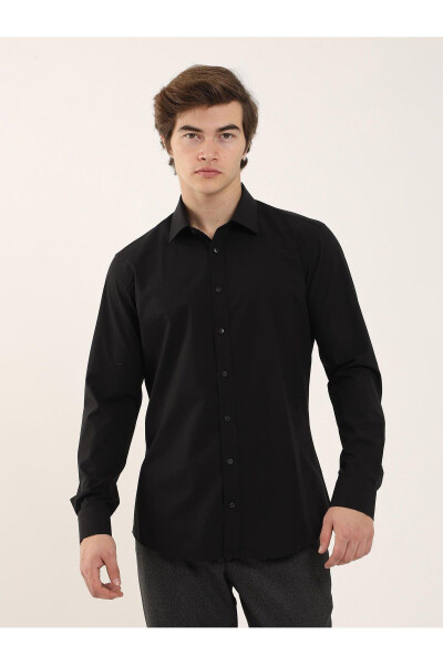 Black Men's Slim Fit Plain Classic Collar Long Sleeve Shirt - 103134 - 6