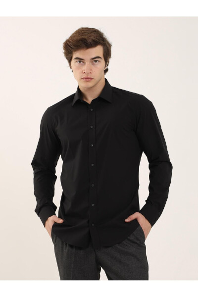 Black Men's Slim Fit Plain Classic Collar Long Sleeve Shirt - 103134 - 7