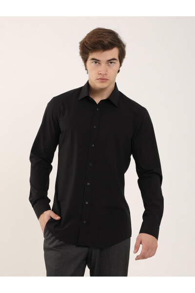 Black Men's Slim Fit Plain Classic Collar Long Sleeve Shirt - 103134 - 8