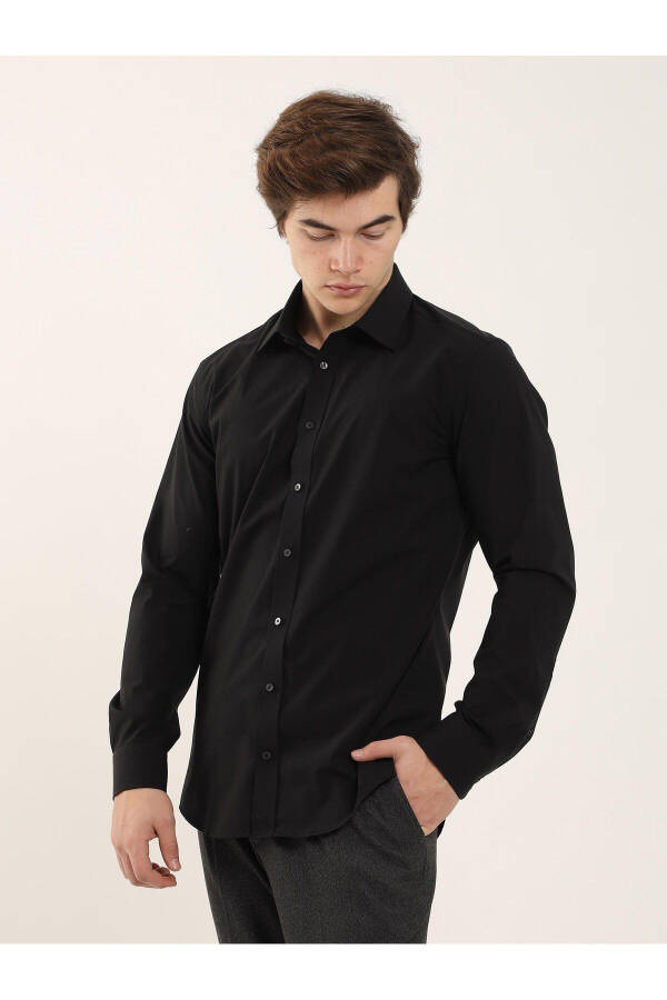 Black Men's Slim Fit Plain Classic Collar Long Sleeve Shirt - 103134 - 9