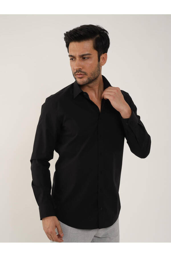 Black Men's Slim Fit Plain Classic Collar Long Sleeve Shirt - 103134 - 1