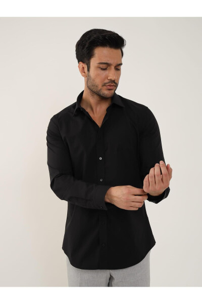 Black Men's Slim Fit Plain Classic Collar Long Sleeve Shirt - 103134 - 2