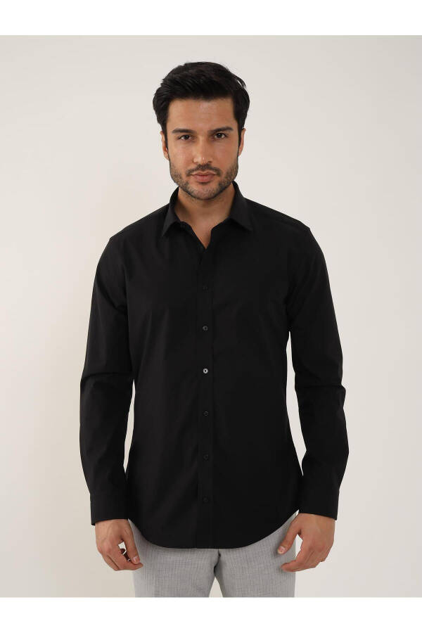 Black Men's Slim Fit Plain Classic Collar Long Sleeve Shirt - 103134 - 4