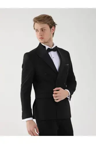 Black Men's Slim Fit Plain Pointed Collar Tuxedo Suit - 92393 - 4
