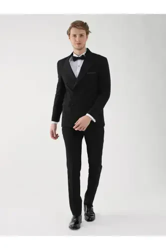 Black Men's Slim Fit Plain Pointed Collar Tuxedo Suit - 92393 - 5