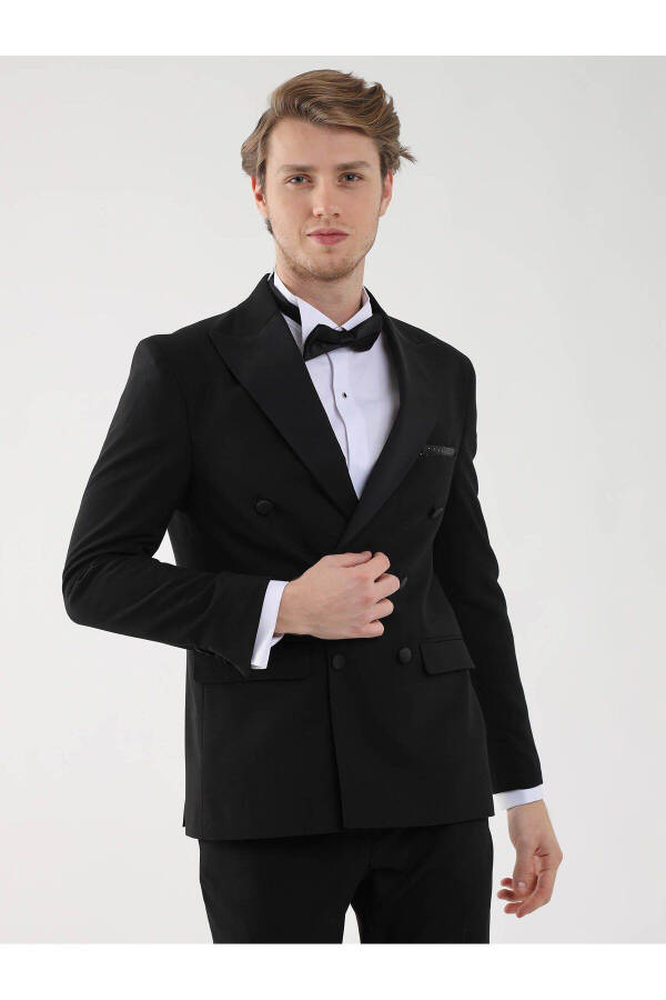 Black Men's Slim Fit Plain Pointed Collar Tuxedo Suit - 92393 - 9