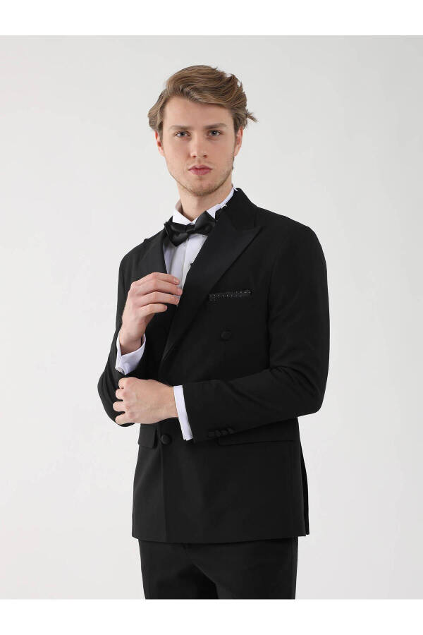 Black Men's Slim Fit Plain Pointed Collar Tuxedo Suit - 92393 - 10