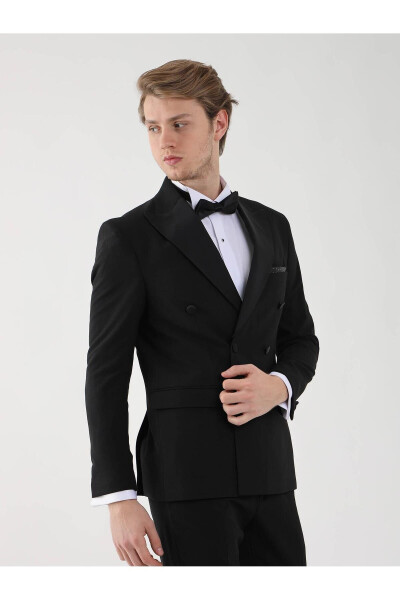 Black Men's Slim Fit Plain Pointed Collar Tuxedo Suit - 92393 - 11