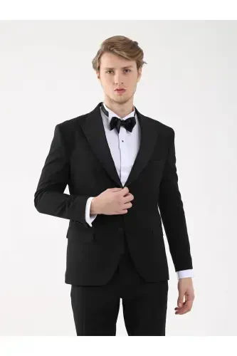 Black Men's Slim Fit Plain Pointed Collar Tuxedo Suit - 92409-Black - 1