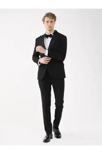 Black Men's Slim Fit Plain Pointed Collar Tuxedo Suit - 92409-Black - 5