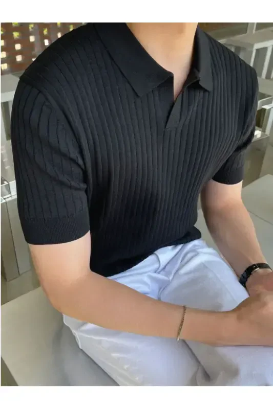 Black Men's Slim Fit Ribbed Polo Neck Knit T-Shirt - Black - 3
