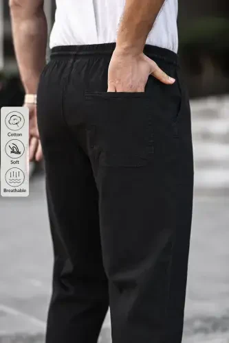 Black Men's Summer Linen Blend Relaxed Trousers - 3