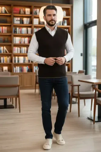 Black Men's V-Neck Knitted Anti-Pilling Sweater Regular Fit Cable Knit Pattern - Black - 4