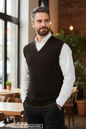 Black Men's V-Neck Knitted Anti-Pilling Sweater Regular Fit Cable Knit Pattern - Black - 1