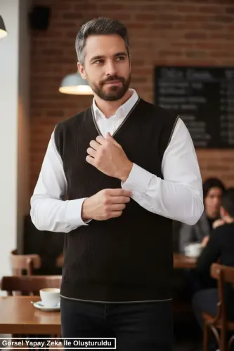 Black Men's V-Neck Knitted Anti-Pilling Sweater Regular Fit Cable Knit Pattern - Black - 6