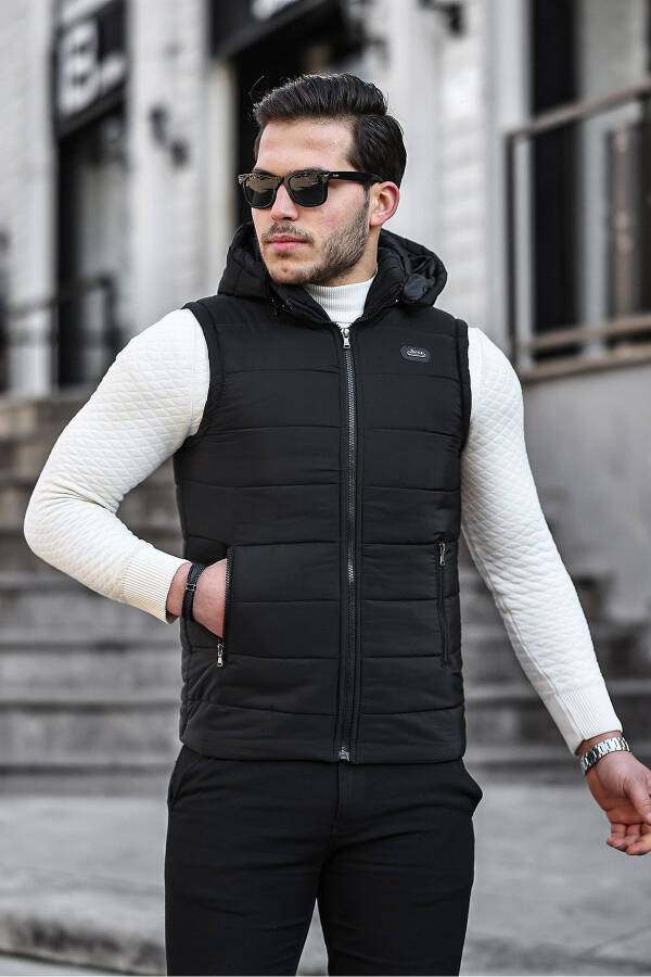 Black Men's Waterproof Puffer Padded Seasonal Spring Removable Hood Vest Jacket - 1