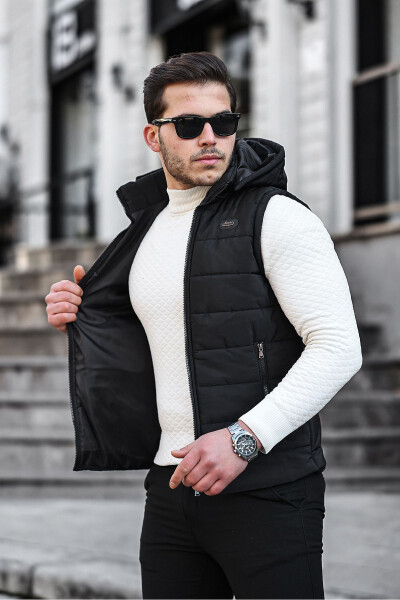 Black Men's Waterproof Puffer Padded Seasonal Spring Removable Hood Vest Jacket - 3