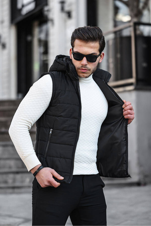 Black Men's Waterproof Puffer Padded Seasonal Spring Removable Hood Vest Jacket - 4