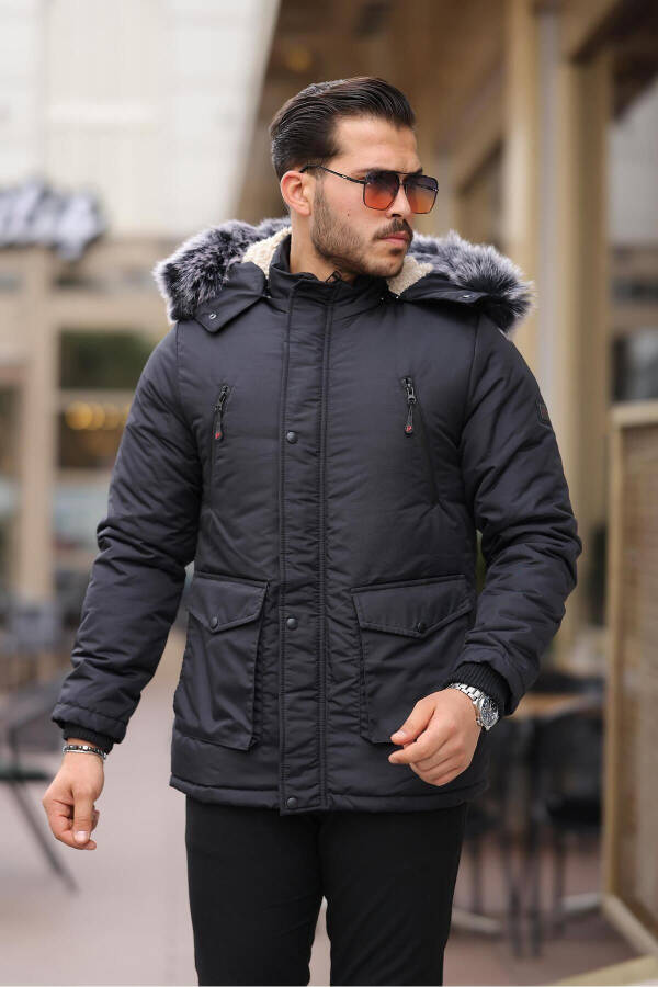 Black men's winter coat with detachable hood and fur lining. - 1