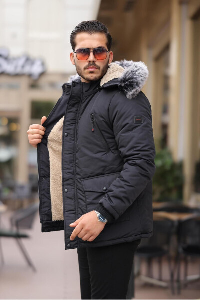 Black men's winter coat with detachable hood and fur lining. - 2