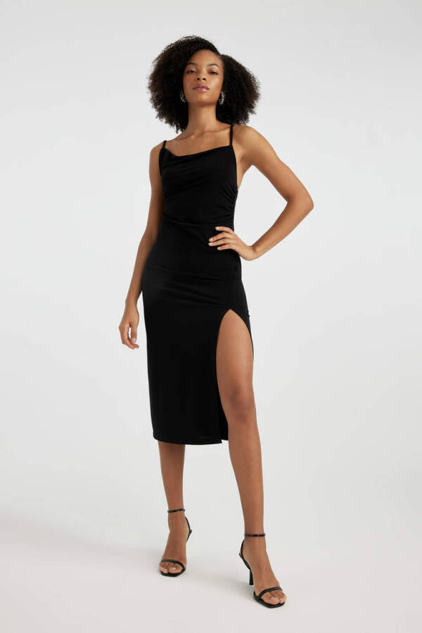 Black Midi Dress with Decollete Neckline and Slit Straps - 1