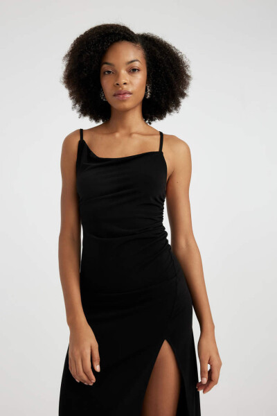 Black Midi Dress with Decollete Neckline and Slit Straps - 4