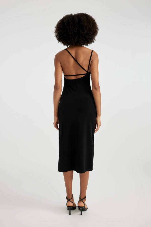 Black Midi Dress with Decollete Neckline and Slit Straps - 6