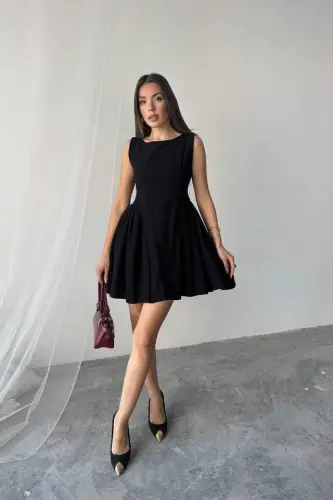 Black Mini Ruched Linen Dress - BÜYÜKBEDENIZ (1)