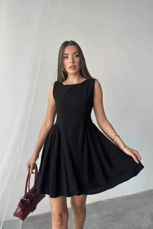 Black Mini Ruched Linen Dress - 3