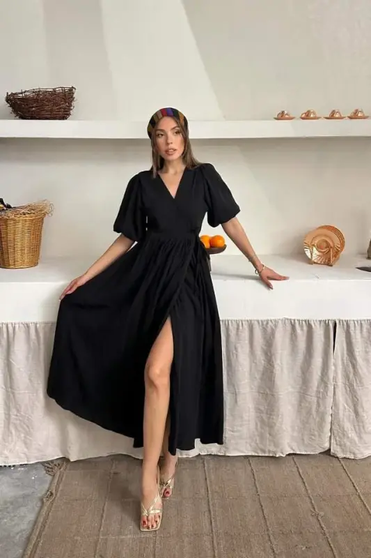 Black Muslin Long Dress - BÜYÜKBEDENIZ