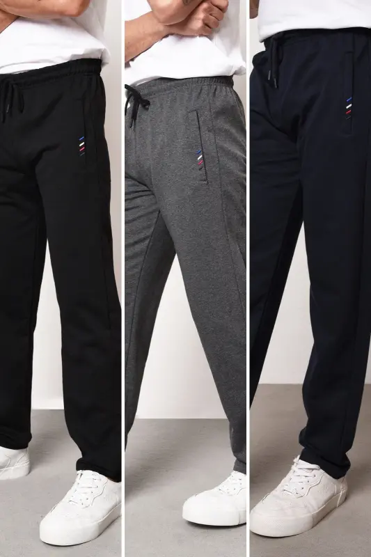 Black-Navy-Anthracite Men's Zipper Pocket Embroidered Detail Straight Leg Relaxed Fit 3-Piece Sweatpants-Black - 1