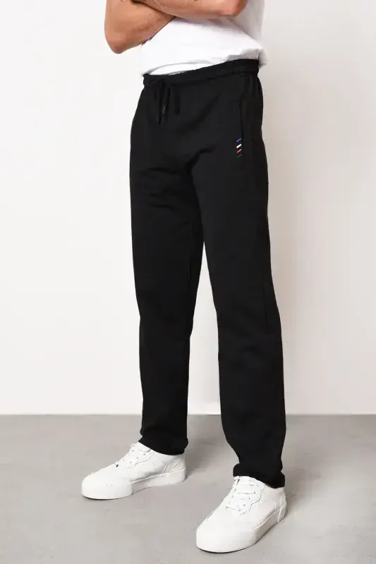 Black-Navy-Anthracite Men's Zipper Pocket Embroidered Detail Straight Leg Relaxed Fit 3-Piece Sweatpants-Black - 2