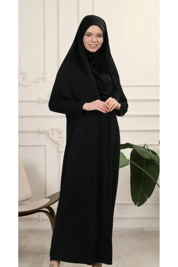 Black One-Piece Easy To Wear Instant Hijab Prayer Dress - 1